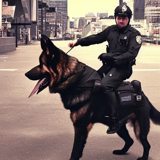 Image similar to police officer riding a giant German shepherd in the city, trending on artstation