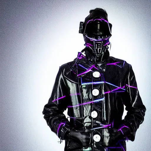 Prompt: mysterious figure wearing a synthwave punk cyber cybernetic trenchcoat. photograph, postapocalyptic, over the shoulder, fashion, vimeo netflix, decorated punk trenchcoat. motocross helmet. gentleman elegant magician.