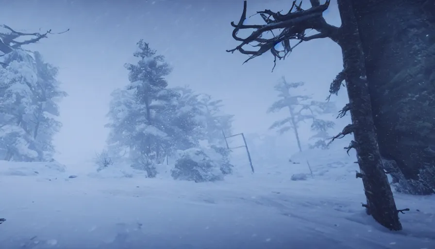 Image similar to Unreal Engine Survival Game in a blizzard, Heavy Thick snow, Fog and Mist, Beautiful dark Landscape, Distant Lights, Hyperrealistic, Hyperdetailed, Concept Art