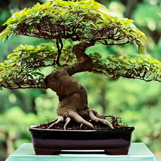 Image similar to A prize-winning ficus bonsai in an innovative style, blog photography, F 1.4 Kodak Portra