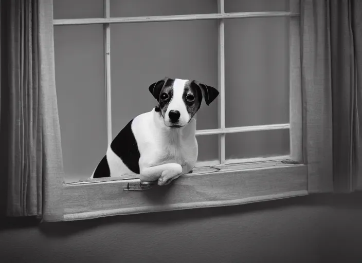 Image similar to photography of a Jack Russel . watching outside the window. on a bed. in a 70's room full of vinyls and posters, photorealistic, award winning photo, 100mm, sharp, high res