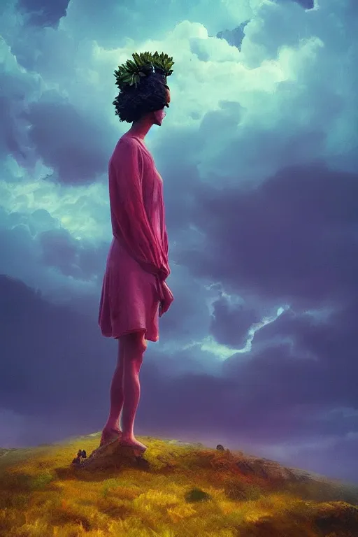 Image similar to closeup giant dahlia flower as head, girl standing on mountain, surreal photography, blue storm clouds, dramatic light, impressionist painting, digital painting, artstation, simon stalenhag