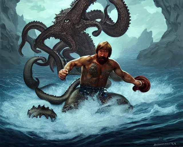 Image similar to chuck norris fighting the kraken with explosive punches, photography of kurzgesagt, deep focus, d & d, fantasy, intricate, elegant, highly detailed, digital painting, artstation, concept art, matte, sharp focus, illustration, hearthstone, art by artgerm and greg rutkowski and alphonse mucha