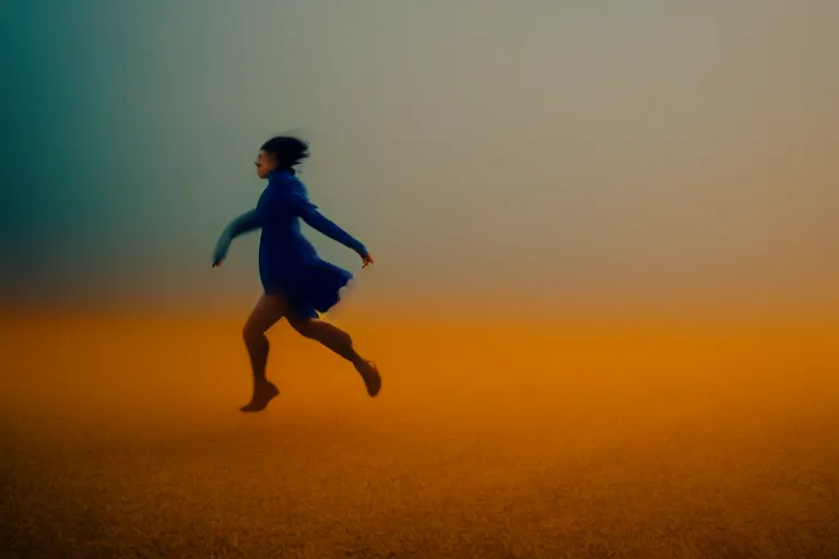 Image similar to film photography, minimalism, close up woman with bright lipstick running in the blue fog, low shutter speed, 35mm, motion blur