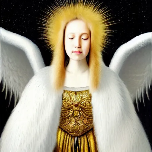 Image similar to big detailed face highdetailed hyperrealistic painting of white angel!!! no gender!!!, giant ball of miracle light from the chest!!!!!, white sparkles everywhere, 4 k hd fur face!!!, big wings, by jan van eyck, holography space, glow effect, large strokes, white monochrome color!!!!!