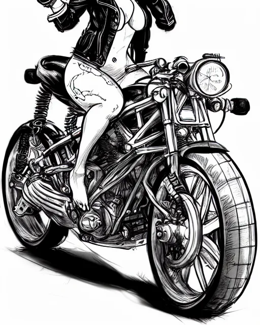 Image similar to an attractive woman on a motorcycle in the style of kim jung gi, sketch, drawing, detailed, art, high definition, high quality