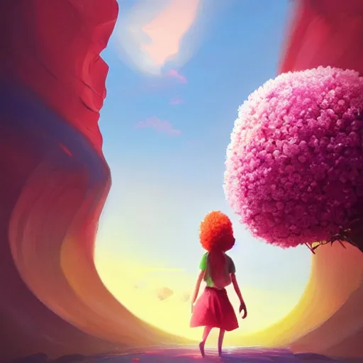 Image similar to giant cherry flower as a head, girl walking in a canyon, surreal photography, sunrise, dramatic light, impressionist painting, colorful clouds, digital painting, artstation, simon stalenhag