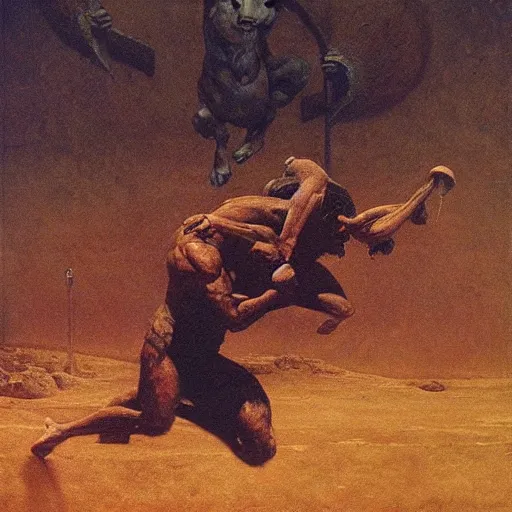 Image similar to theseus battle with the minotaur, oil painting by beksinski