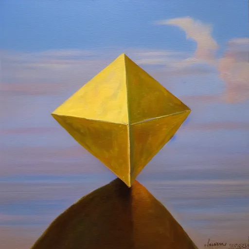 Image similar to an oil painting of an icosahedron floating above a lake