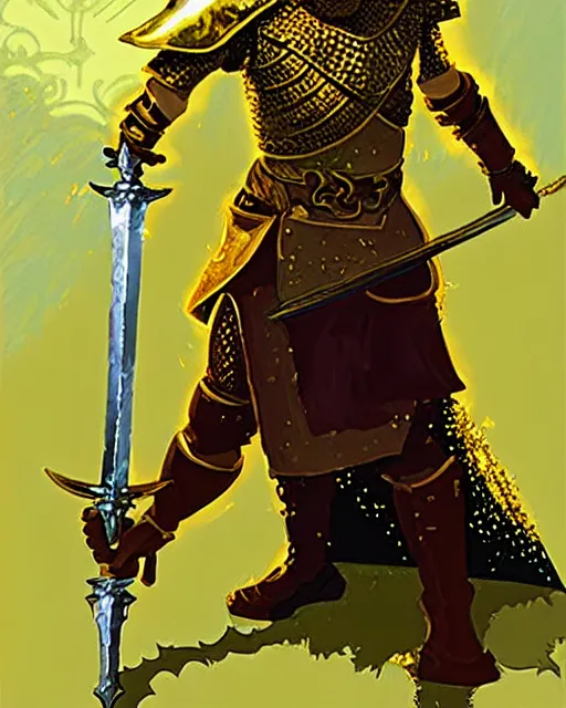 Image similar to beverly toegold the fifth, epic level dnd male halfling verdant paladin of the ancients and green teen, wielding a golden holy sword, wearing magical gleaming chainmail armor. full character concept art, realistic, high detail digital gouache painting by angus mcbride and michael whelan and jeffrey jones