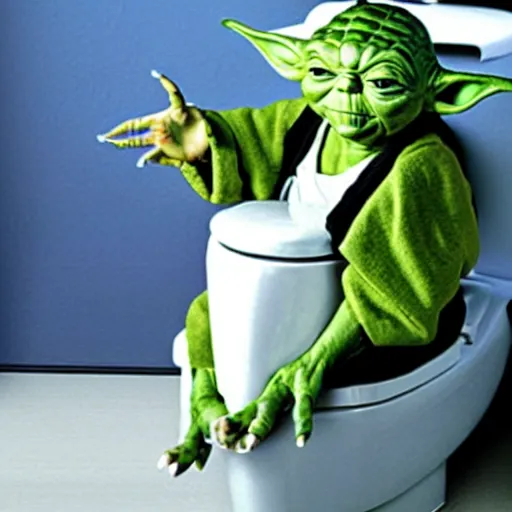 Image similar to yoda sitting on toilet seat