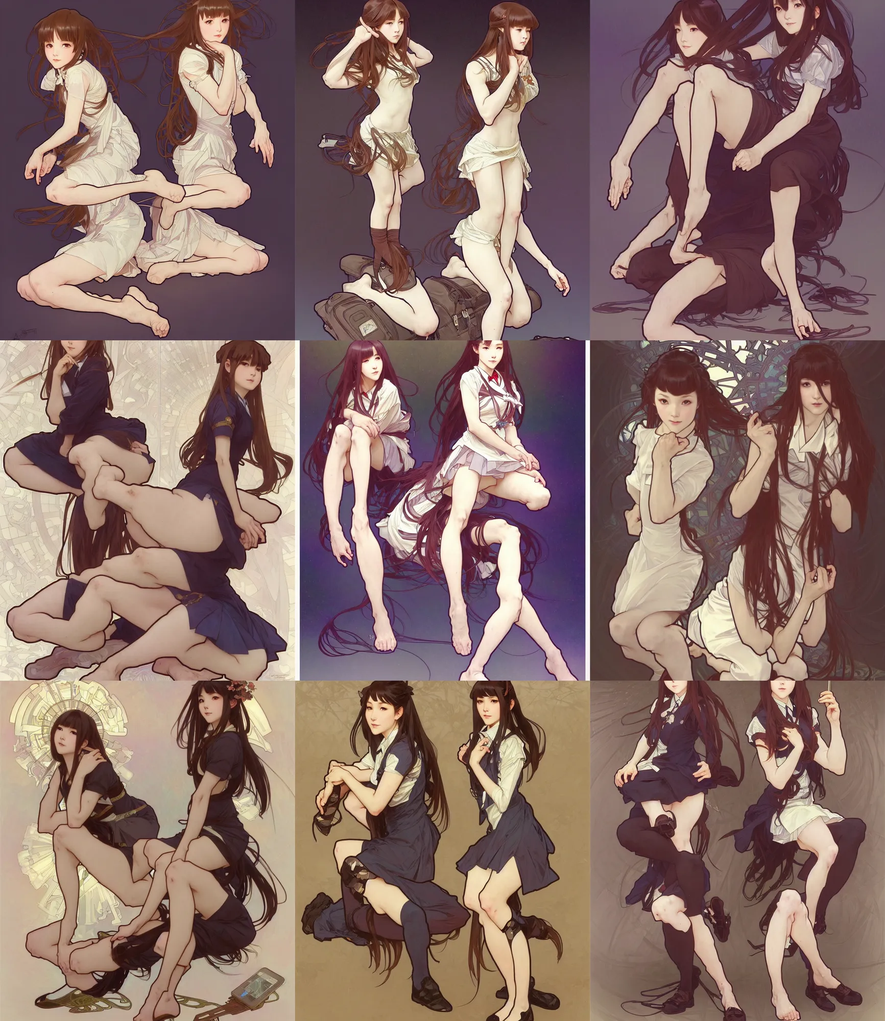 Image similar to a digital concept art by artgerm and greg rutkowski and alphonse mucha. full body!! clear portrait of a squatting attractive japanese school girl in uniform!! sit on floor!! knee length stockings ， school bag, light effect. hyper detailed, character concept, glowing lights!! intricate, elegant, digital painting, artstation, smooth, sharp focus