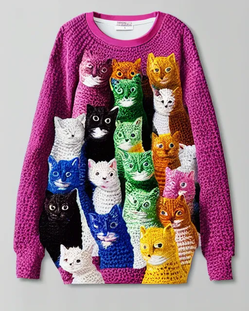 Prompt: a sweatshirt with multicolored crocheted cats on the front, catalogue photo,