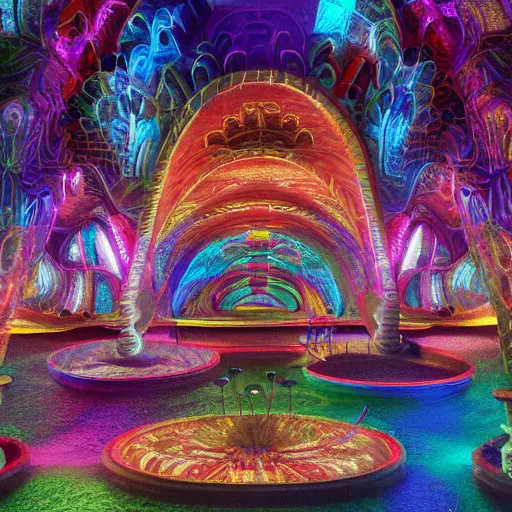 Image similar to underground cinema, realistic architecture, colorfull lights, octane render, 4k, 8k, fractals, psychedelic