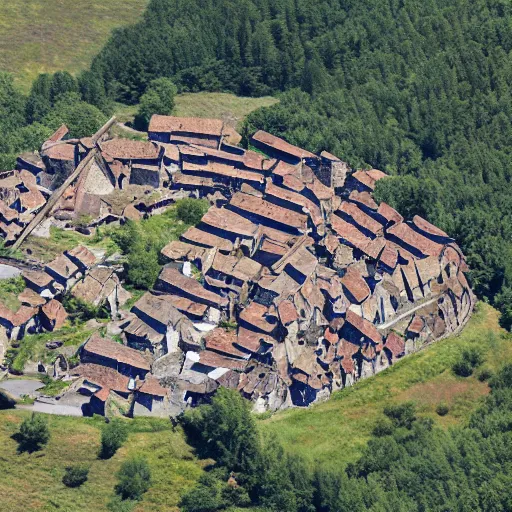 Image similar to Aerial establishing shot of a medieval village surrounded by circular wood palisade