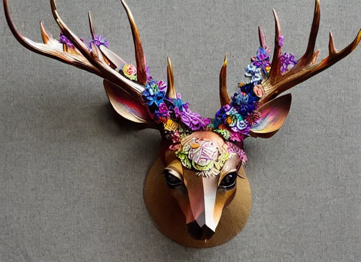 Prompt: surrealist elegant intricate beautifull intricate colorful mythic animal deer sculpture by ellen jewett effortlessly combine animals with their fantastical surroundings. promotional picture, wide animal scene view