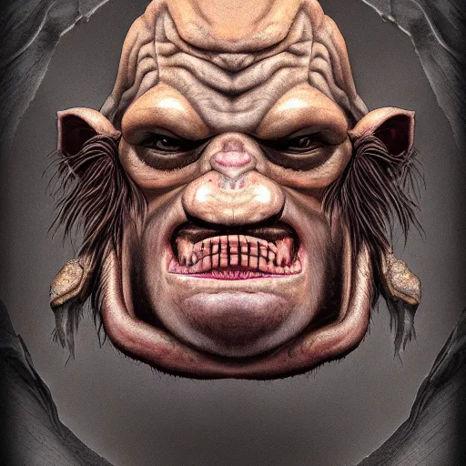 Image similar to grimpunk vile reprobate portrait portrait Cyclops Ogre grimaces with horrible tusks face eye nose septum ring ears Dave Dorman