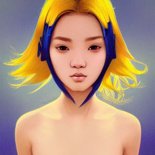 Image similar to symmetry!! portrait of a filipino cute girl blue - yellow hair, nasal strip, intricate, elegant, highly detailed, my rendition, digital painting, artstation, concept art, smooth, sharp focus, illustration, art by artgerm and greg rutkowski and alphonse mucha and uang guangjian and gil elvgren and sachin teng