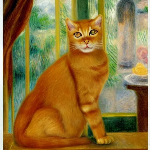 Prompt: a golden cat sitting on a throne in a modern kitchen in the style of renoir,