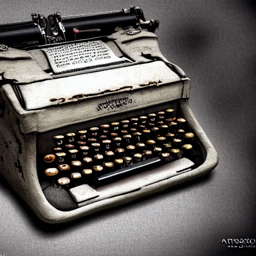 Image similar to an old lovecraft typewriter with a sheet of paper on which words in an ancient language are written, mysterious, dark fantasy, insanely detailed, photorealistic, dramatic lighting, v - ray, unreal engine 5, raytracing, ambient occlusion, 8 k, digital art, by beksinski and rutkovski, artstation