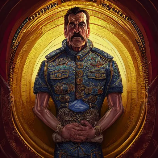 Image similar to digital painting of a dictator in a onesey by filipe pagliuso and justin gerard, symmetric, fantasy, highly, detailed, realistic, intricate