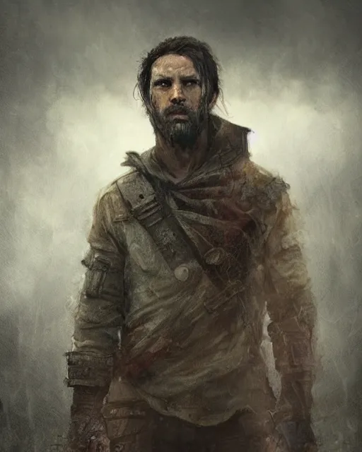 Image similar to battle hardened, charismatic, ruggedfallout 5 male character, face centered portrait, confident, ruined cityscape, fog, rain, volumetric lighting, illustration, perfectly shaded, soft painting, art by leesha hannigan, ross tran, thierry doizon, kai carpenter, ignacio fernandez rios