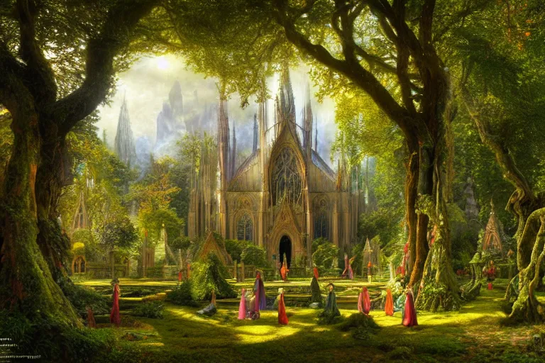 Prompt: a beautiful and highly detailed photo painting of an elven cathedral in a beautiful garden in a mystical forest, psychedelic, intricate details, cgsociety, 8 k, sharp focus, photorealism, by caspar friedrich, albert bierstadt, james gurney, brian froud,