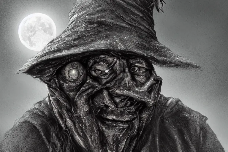 Prompt: a blind old wizard in a pointed hat, fear in eyes, dark night, full moon, extreme close up, crows on the oak tree, highly detailed digital art, photorealistic