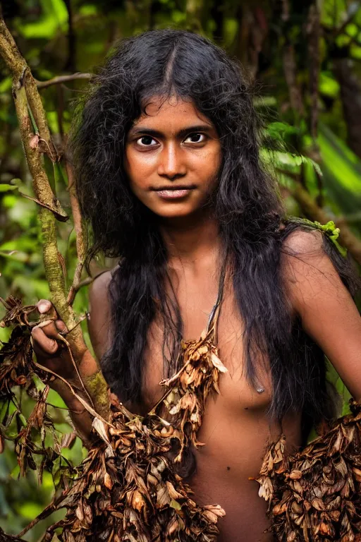 Image similar to a professional photo of a sri lankan jungle girl, black hair, gatherer, covered in leaves, extremely high fidelity. key light.