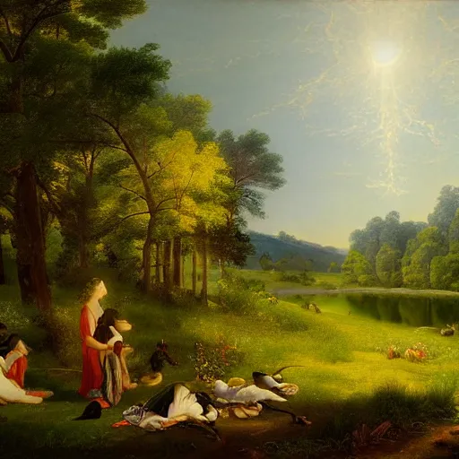 Image similar to a calm meadow, picnic, harmony of nature, infinite dawn, angelic light, sparkling dew, by asher brown durand, by iyoshitaka amano