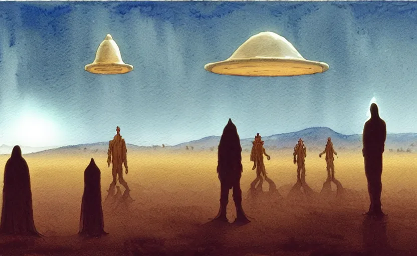 Image similar to a hyperrealist watercolour character concept art portrait of a 1 0 ft. tall thin alien with a high forehead on a misty night in the desert. a small group of people are watching from the foreground. a ufo is in the background. by rebecca guay, michael kaluta, charles vess and jean moebius giraud