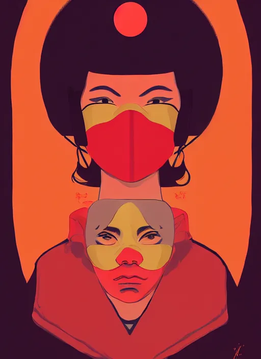 Image similar to portrait of a woman with a mask on his face in the form of a spiral in a golden kimono, full face, against the background of a bright red moon, sad motif, by ilya kuvshinov, dramatic, soft colors, futuristic, 8 k