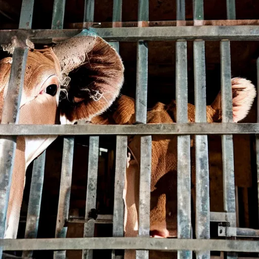 Image similar to inmates weating cow heads inside a jailcell