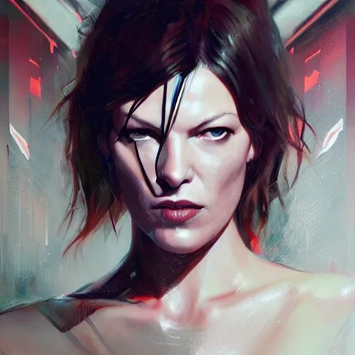 Image similar to milla jovovich portrait in the foreground of art by greg rutkowski scifi sharp neon city