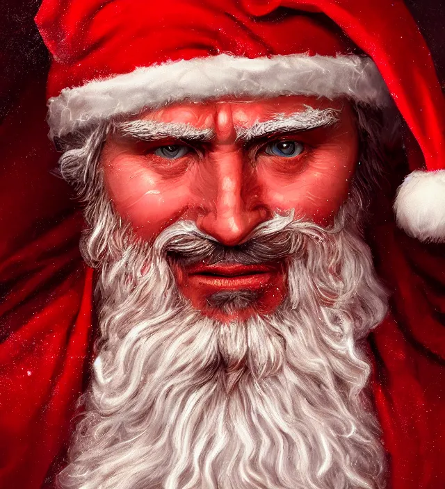 Prompt: portrait of a santa wearing a traditional red cloth, close up, cyperpunk, intricate, highly detailed, digital painting, artstation, concept art, sharp focus, cinematic lighting, illustration, cgsociety
