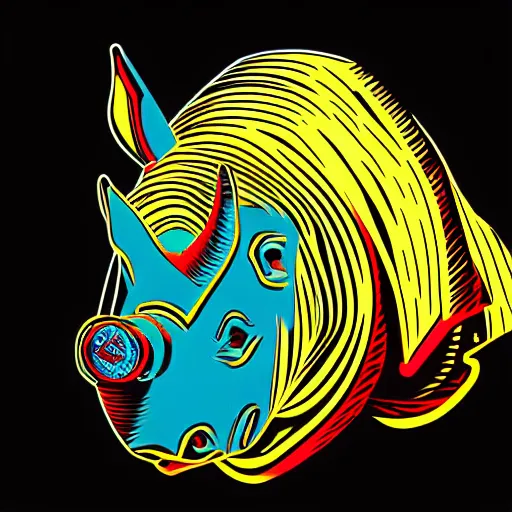 Image similar to a close up of a rhino wearing a hat, in retro colors, synthwave style, 2 d digital vector art