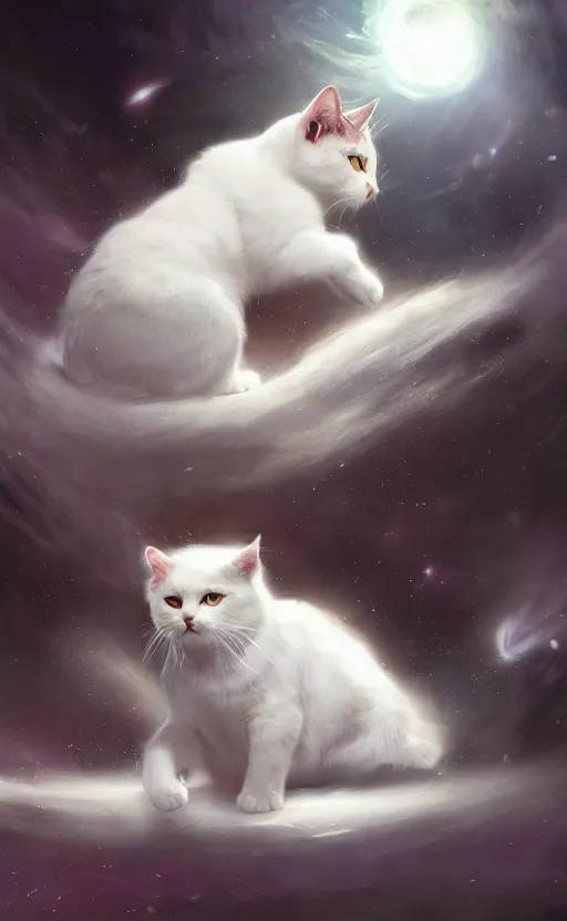 Image similar to a white cat with cosmos in its eyes, dynamic lighting, photorealistic fantasy concept art, trending on art station, stunning visuals, creative, cinematic, ultra detailed