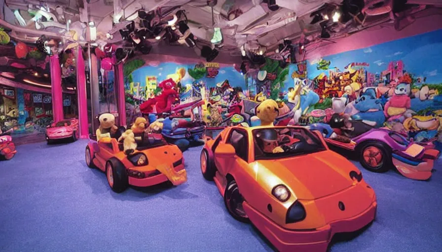 Prompt: 1990s photo of inside the Beanie Baby ride at Universal Studios in Orlando, Florida, children riding in Lamborghini through a Luxurious Mansion, cinematic, UHD