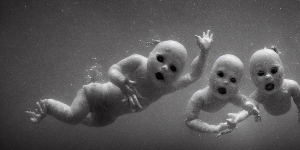 Prompt: underwater ghost babies reaching toward the surface, horror movie, terrifying, night