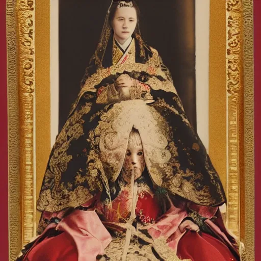 Image similar to a wide full shot, colored russian and japanese mix historical fantasy of a photograph portrait taken of the empress ’ royal wedding attire, photographic portrait, warm lighting, 1 9 0 7 photo from the official wedding photographer for the royal wedding.