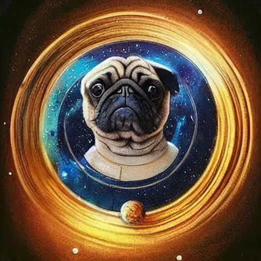 Image similar to golden - ratio, spirals, highly detailed, astronaut pug in outer space painted by davinci.