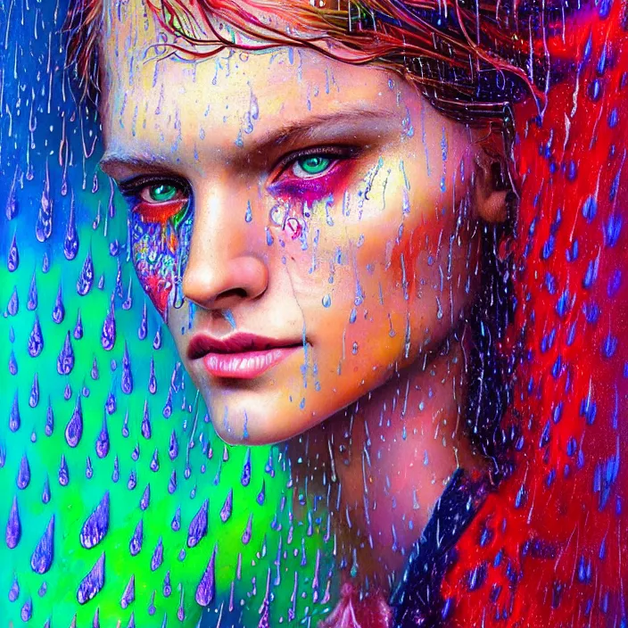 Image similar to bright psychedelic portrait with rain on face and wet hair, wings, smiling, diffuse lighting, fantasy, intricate, elegant, highly detailed, lifelike, photorealistic, digital painting, artstation, illustration, concept art, smooth, sharp focus, art by John Collier and Albert Aublet and Krenz Cushart and Artem Demura and Alphonse Mucha