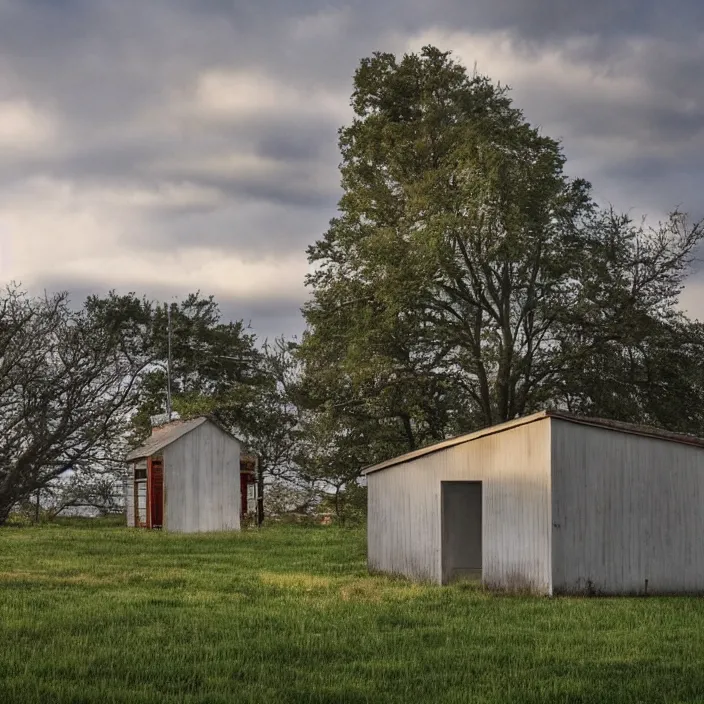 Prompt: a building in a serene landscape, old tv