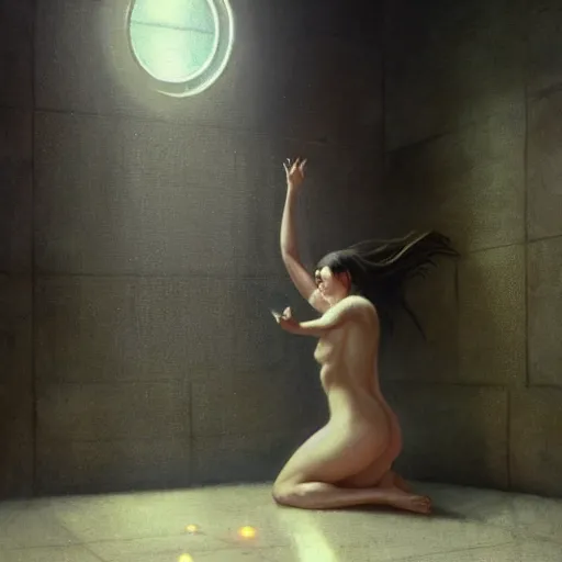 Image similar to a woman emerging from a gyroscopic shell, moment, cyberpunk cloisters, displays, tech noir, wet reflections, atmospheric, ambient, livia prima, greg rutkowski, edward hopper