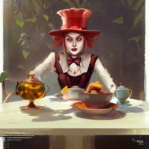 Prompt: female mad hatter sitting at tea table, by Jordan Grimmer and greg rutkowski, crisp lines and color,