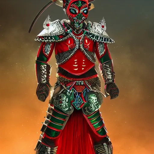 Prompt: mexican indigenous warrior in a ornated armor preparing for war, full body, dynamic pose, red and white and green neon, concept art, intricate details, highly professionally detailed, cgsociety, highly detailed -