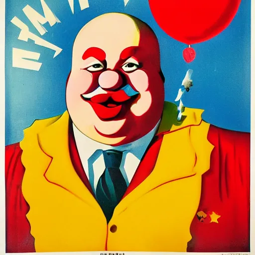 Prompt: fat communist clown portrait, soviet propaganda poster, vivid colors