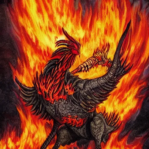 Prompt: giant war chicken monster in flames