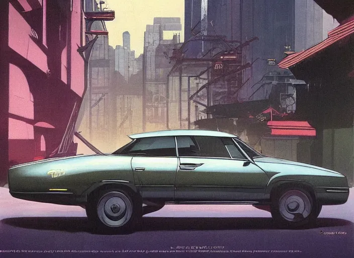 Image similar to a sedan car in a city. style by frank frazetta, peter elson, and eyvind earle.