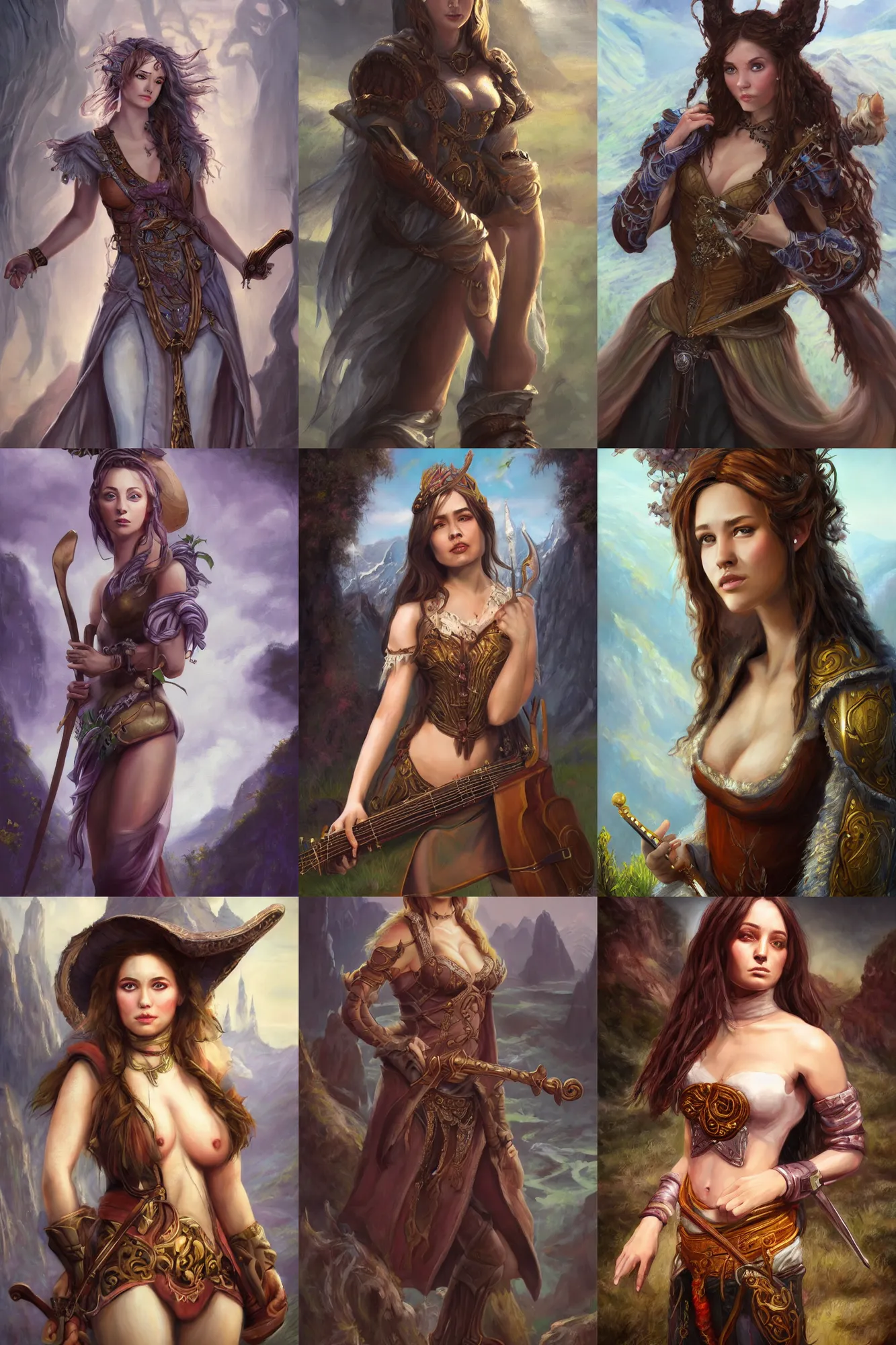 Prompt: a full body high detail fantasy portrait oil painting illustration of a single beautiful bard female by justin sweet with face and body clearly visible, in a scenic background, pretty eyes, realistic proportions, d & d, rpg, forgotten realms, artstation trending, high quality, sombre mood, artstation trending, muted colours, entire person visible!